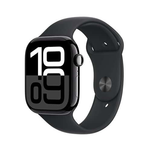 Apple Watch Series 10 (GPS 46 mm) Smartwatch mit Aluminiumgehäuse in Diamantschwarz und Sportarmband in Schwarz (S/M). Fitnesstracker, EKG App, Always-On Retina Display, Wasserschutz